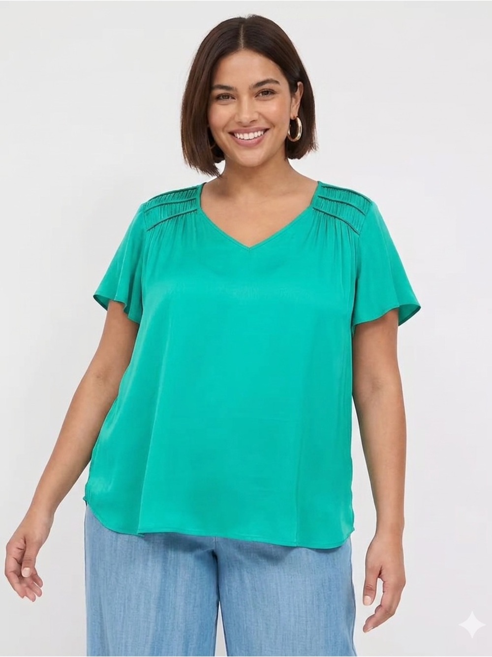 Lane Bryant Teal V-Neck Pleated Shoulder Flutter Top